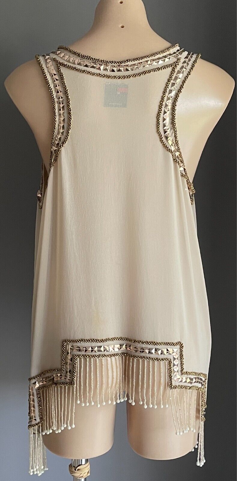 TEMT Top Beige Beaded Pearl Stud Size 14 Hanging Beads Notched Hem Flapper 20s