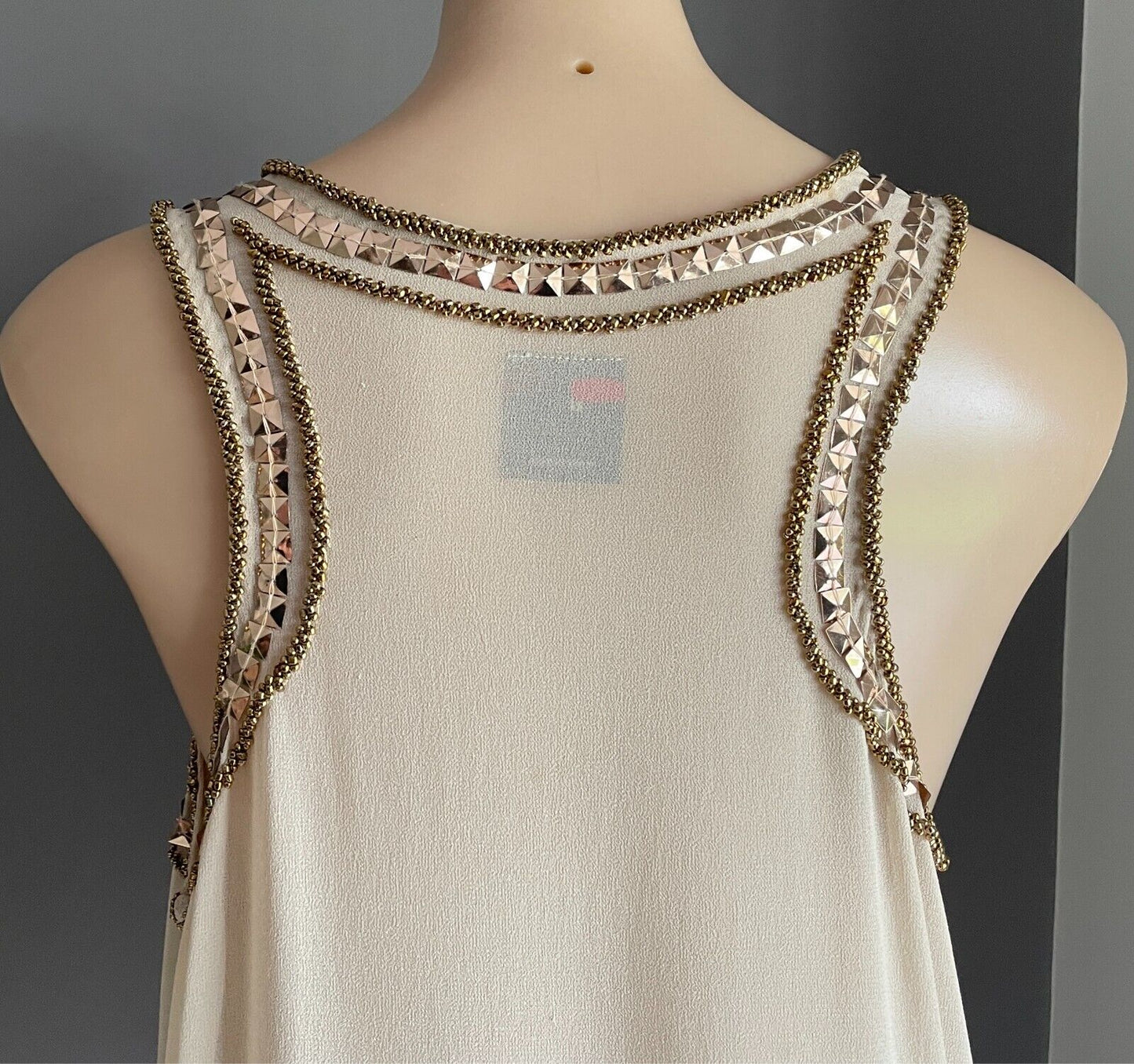 TEMT Top Beige Beaded Pearl Stud Size 14 Hanging Beads Notched Hem Flapper 20s