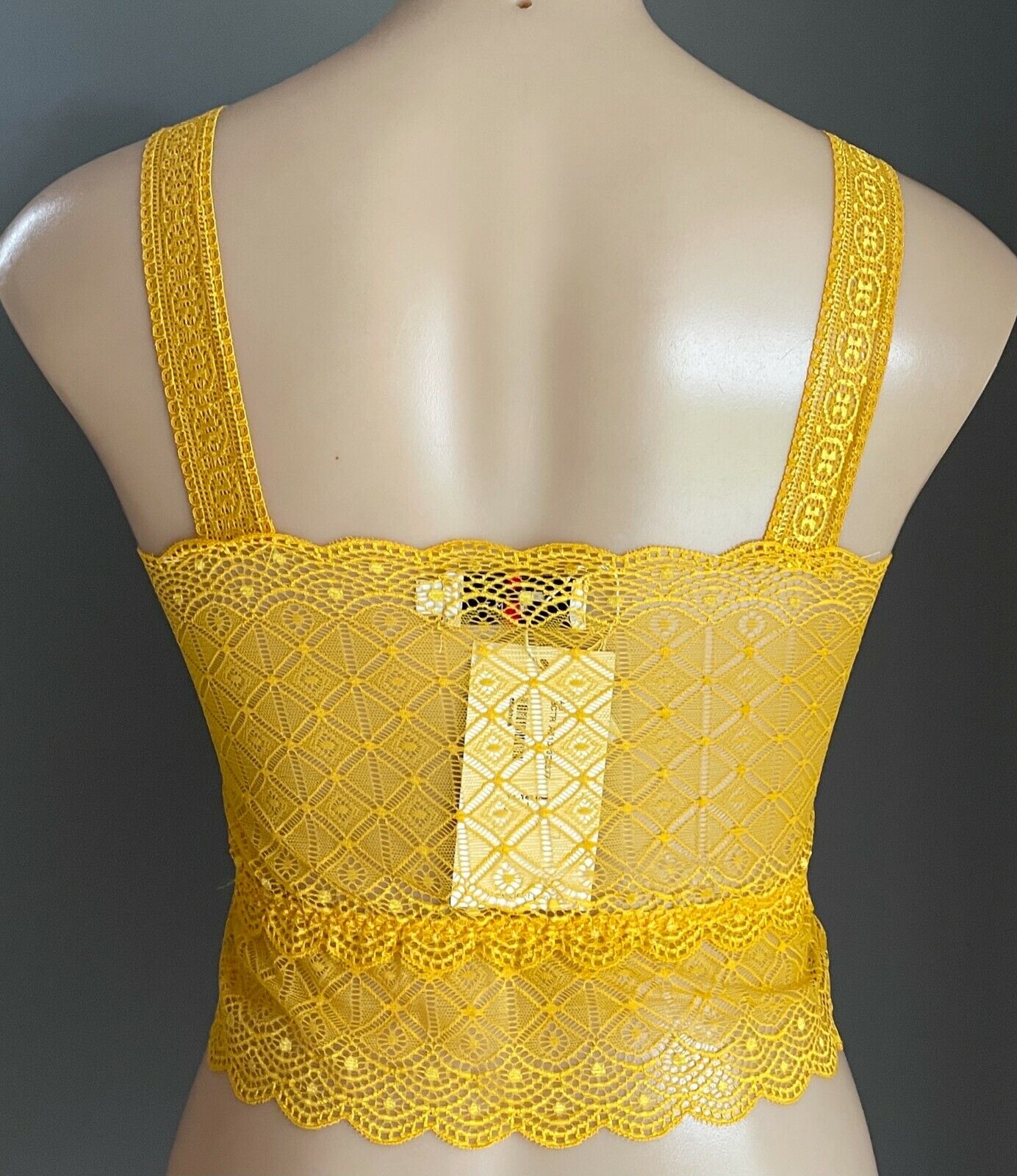 TEMT Crop Top Bright Sunny Yellow Fine Stretch Lace Strappy Size L 10 NEW