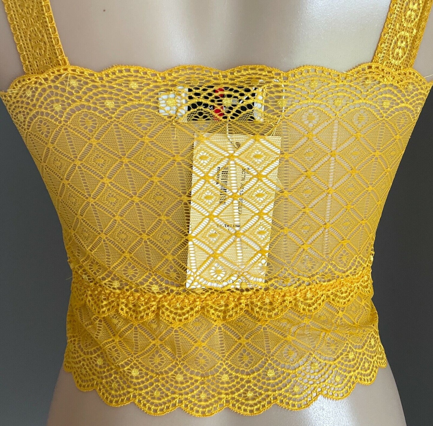 TEMT Crop Top Bright Sunny Yellow Fine Stretch Lace Strappy Size L 10 NEW