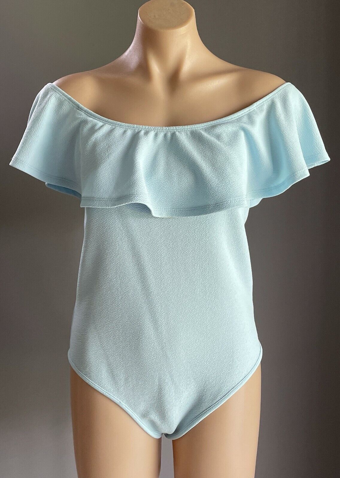 TEMT Bodysuit Baby Blue Textured Fabric Off Shoulder Ruffle Top Sz XL 10 12 NEW