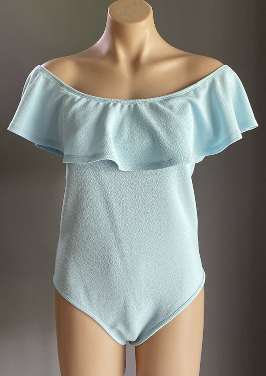TEMT Bodysuit Baby Blue Textured Fabric Off Shoulder Ruffle Top Sz XL 10 12 NEW