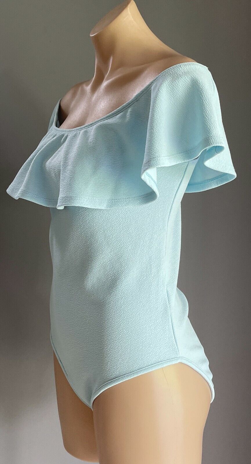 TEMT Bodysuit Baby Blue Textured Fabric Off Shoulder Ruffle Top Sz XL 10 12 NEW