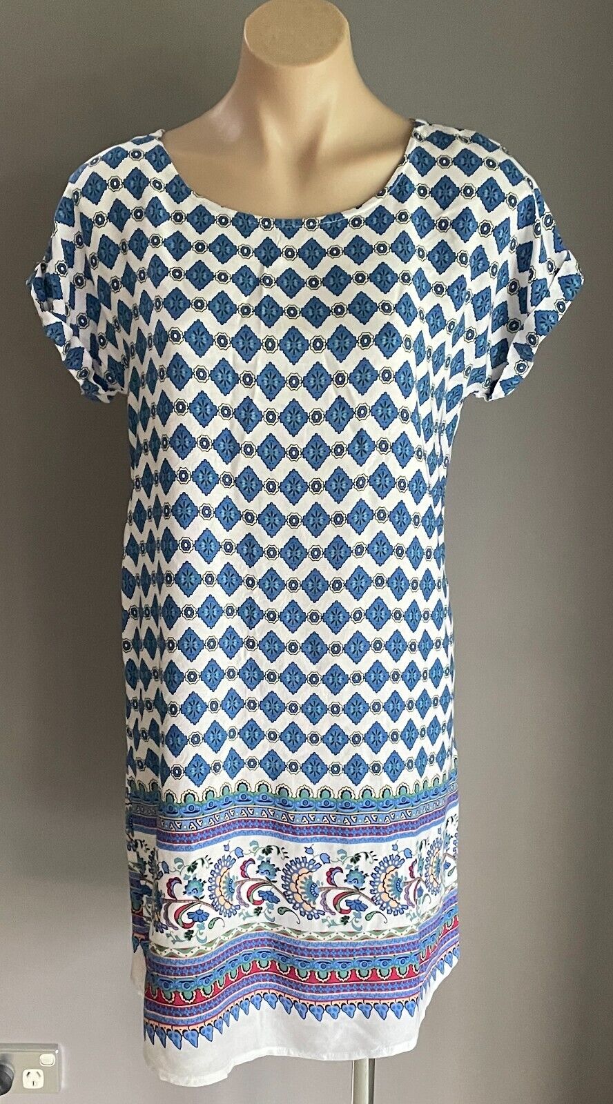 MIRACLE Cotton Shift Dress Multicolour Print Short Cuffed Sleeves Size 12 NEW