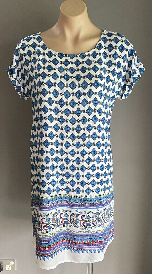 MIRACLE Cotton Shift Dress Multicolour Print Short Cuffed Sleeves Size 12 NEW