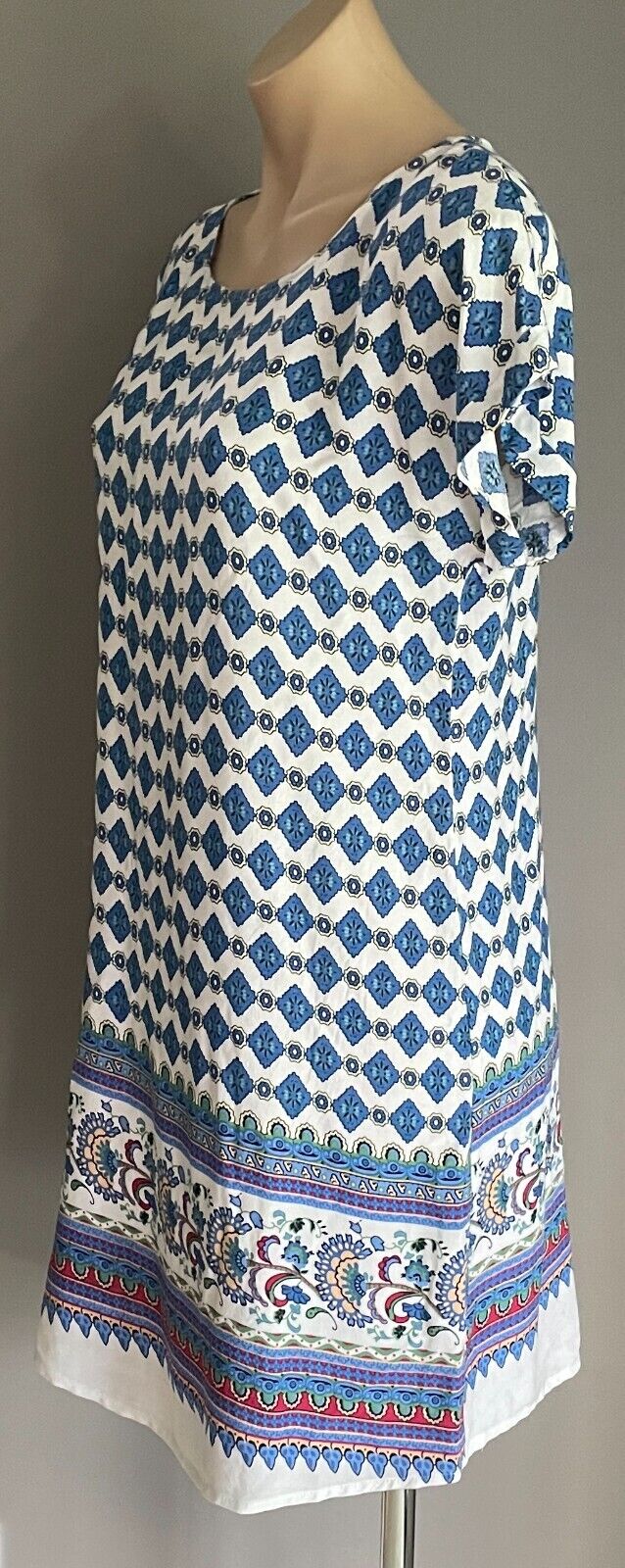 MIRACLE Cotton Shift Dress Multicolour Print Short Cuffed Sleeves Size 12 NEW
