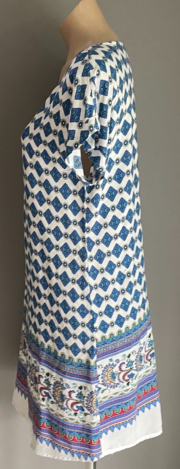 MIRACLE Cotton Shift Dress Multicolour Print Short Cuffed Sleeves Size 12 NEW