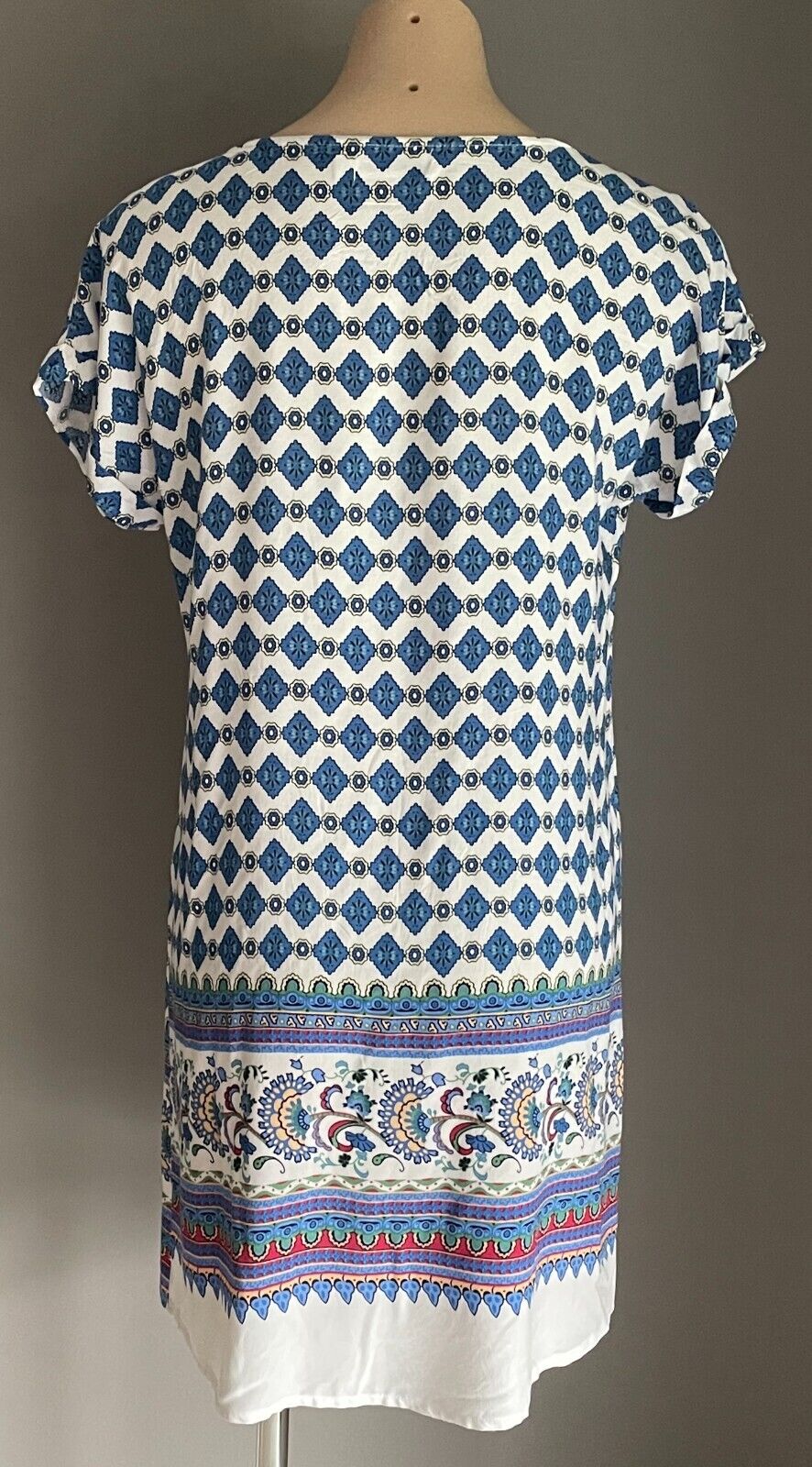 MIRACLE Cotton Shift Dress Multicolour Print Short Cuffed Sleeves Size 12 NEW