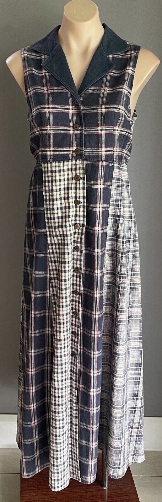 BACKSTAGE Maxi Dress Navy Maroon Off White Green Check Sleeveless Vtg Size 14