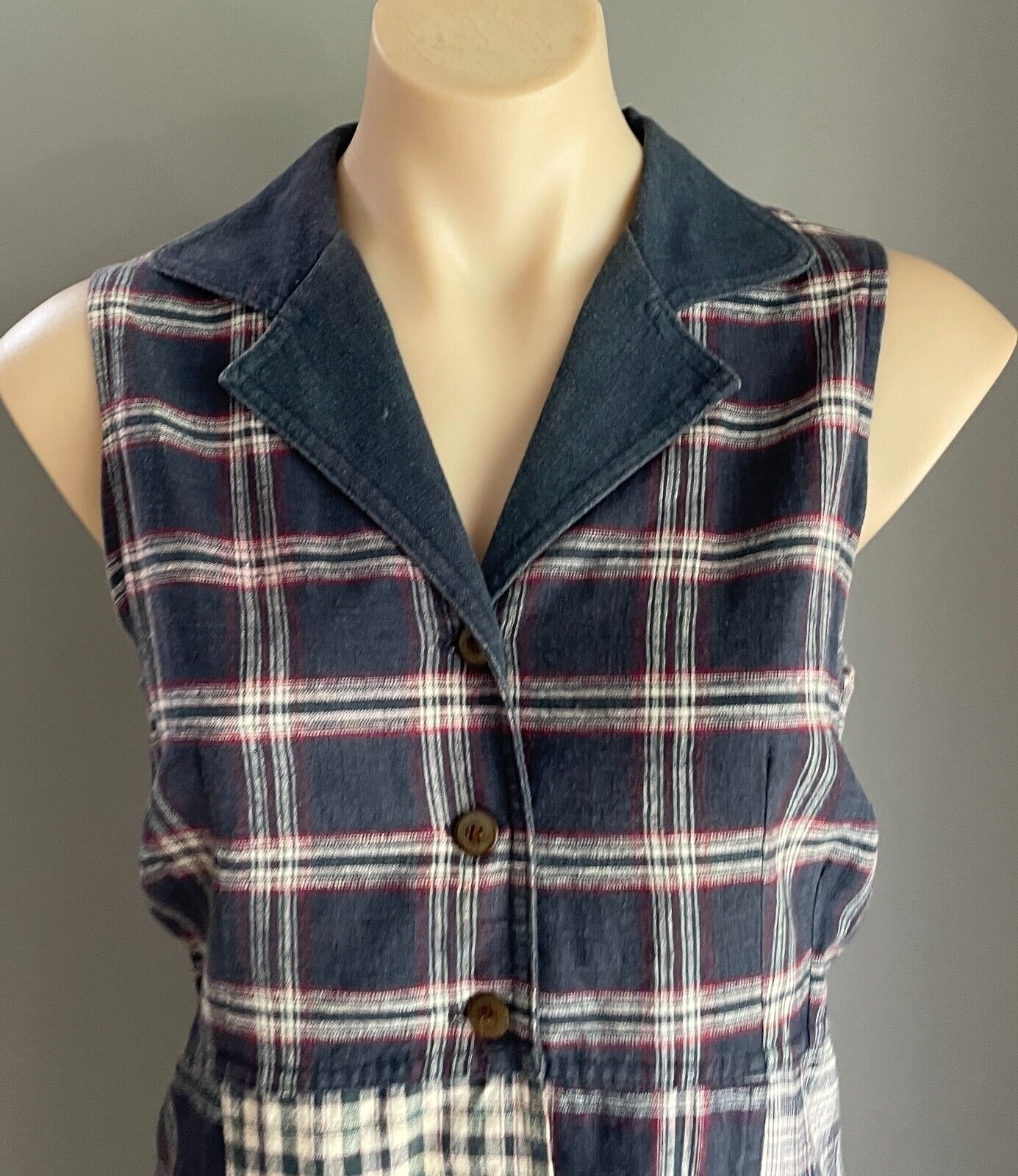 BACKSTAGE Maxi Dress Navy Maroon Off White Green Check Sleeveless Vtg Size 14
