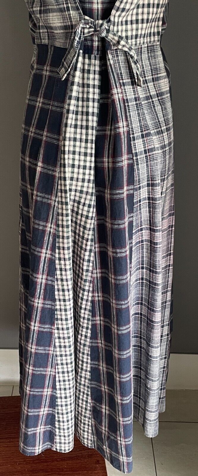 BACKSTAGE Maxi Dress Navy Maroon Off White Green Check Sleeveless Vtg Size 14