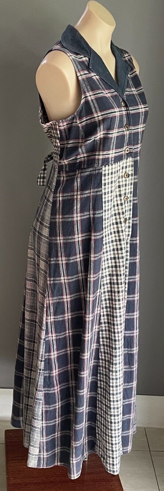 BACKSTAGE Maxi Dress Navy Maroon Off White Green Check Sleeveless Vtg Size 14
