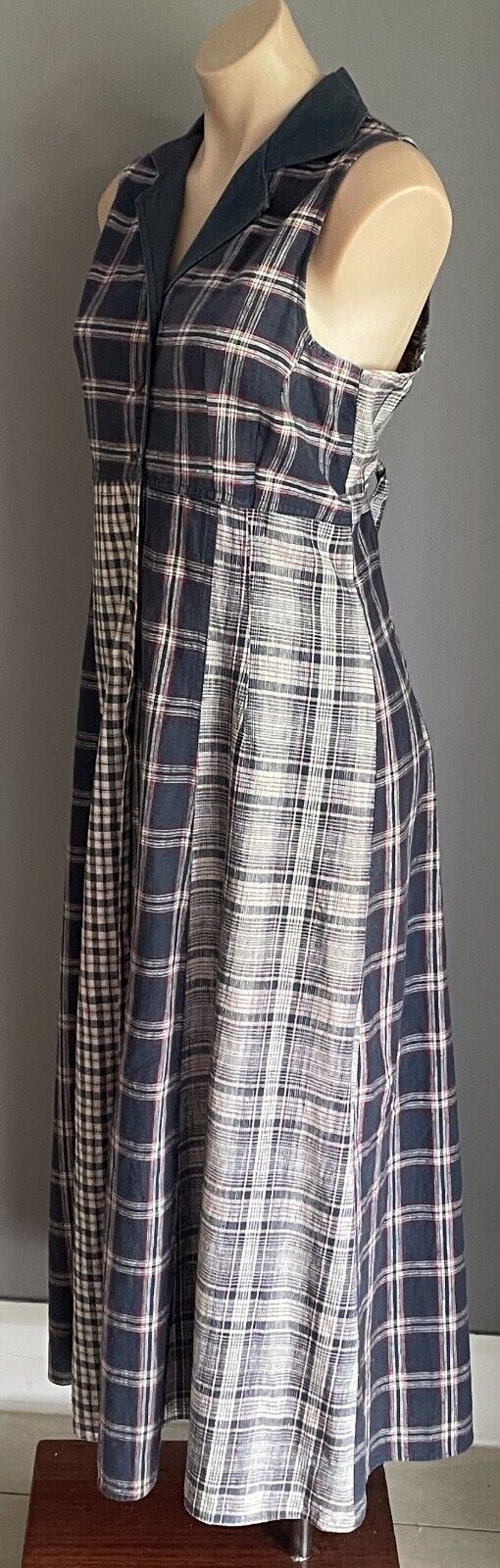 BACKSTAGE Maxi Dress Navy Maroon Off White Green Check Sleeveless Vtg Size 14
