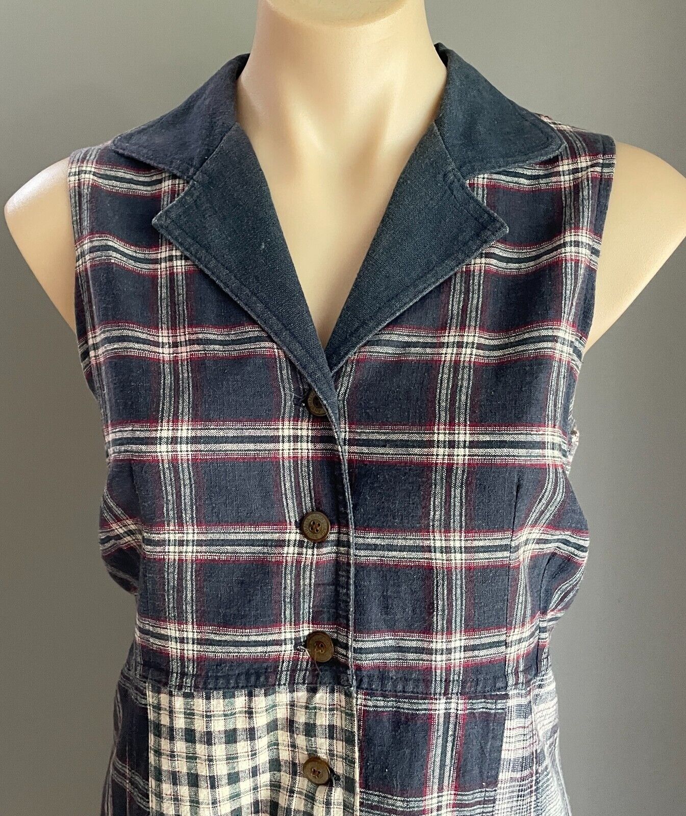 BACKSTAGE Maxi Dress Navy Maroon Off White Green Check Sleeveless Vtg Size 14