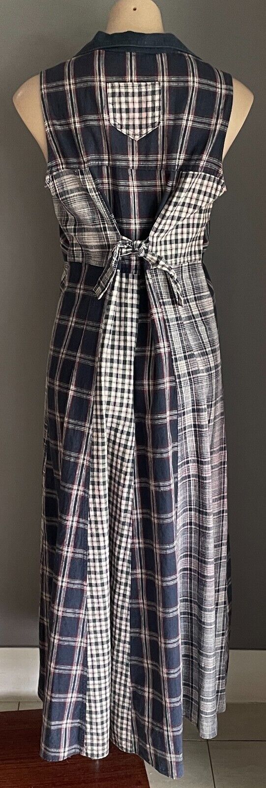BACKSTAGE Maxi Dress Navy Maroon Off White Green Check Sleeveless Vtg Size 14