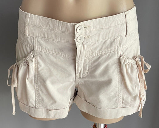 JUST JEANS Shorts Light Beige Cuffed Leg Size 12 Tie Trim @ Pockets Cotton