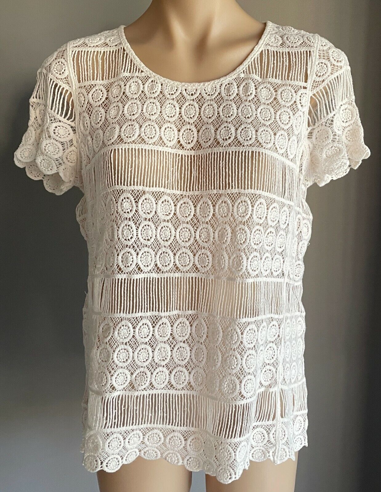 JUST JEANS Lace Top White Short Sleeve Crochet Look Knit Size M 12