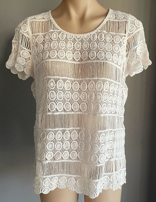 JUST JEANS Lace Top White Short Sleeve Crochet Look Knit Size M 12