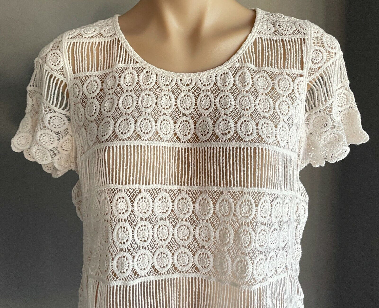 JUST JEANS Lace Top White Short Sleeve Crochet Look Knit Size M 12