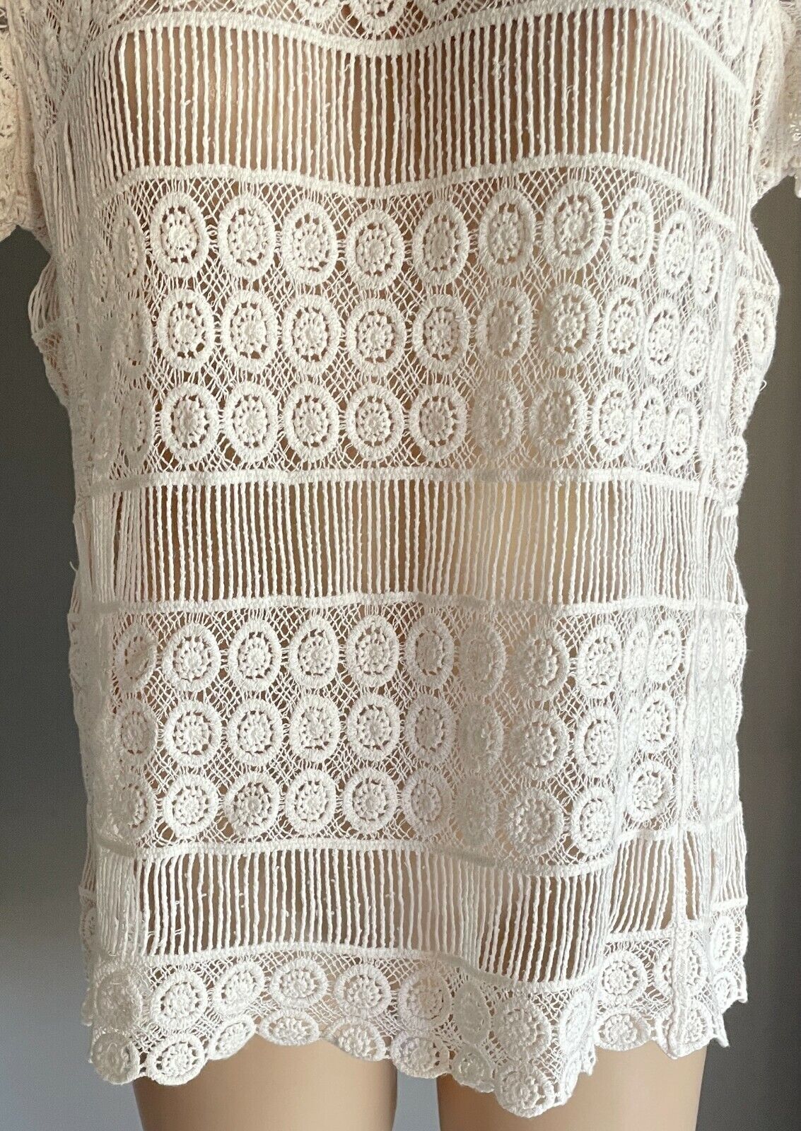 JUST JEANS Lace Top White Short Sleeve Crochet Look Knit Size M 12