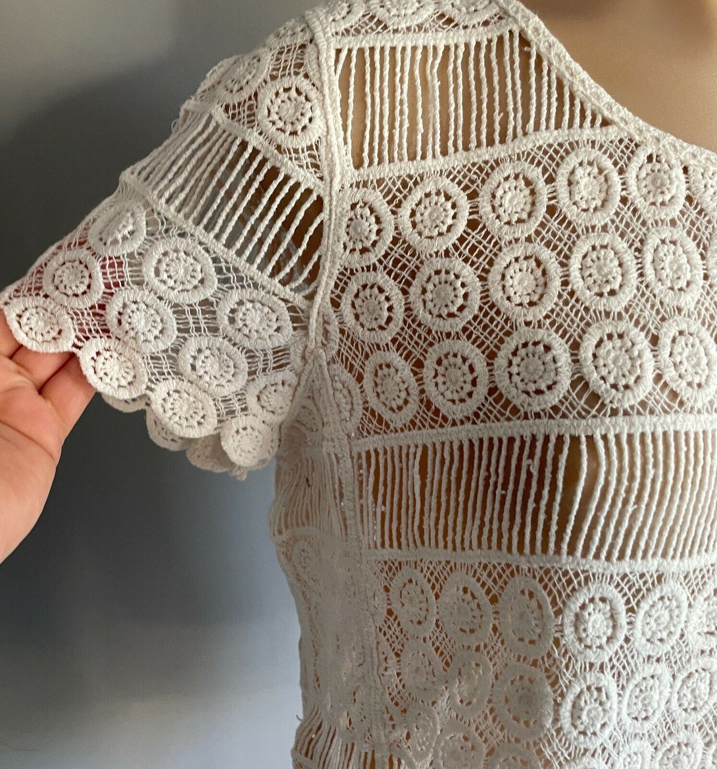 JUST JEANS Lace Top White Short Sleeve Crochet Look Knit Size M 12