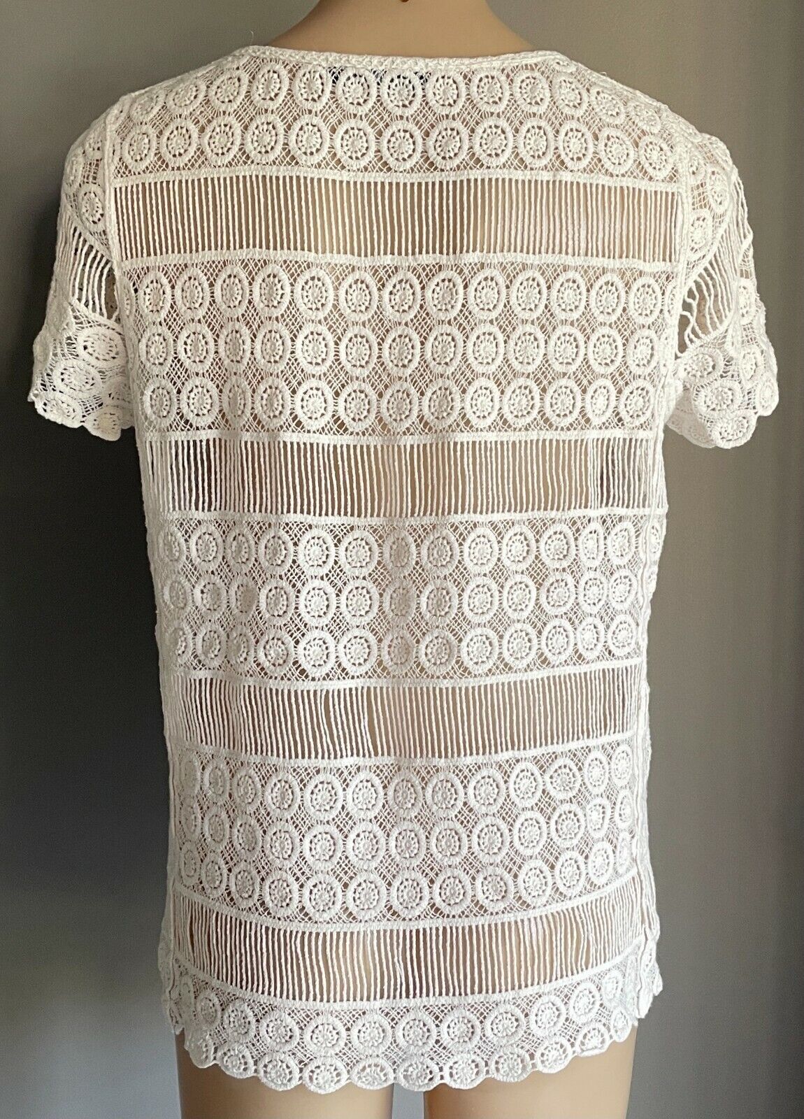 JUST JEANS Lace Top White Short Sleeve Crochet Look Knit Size M 12