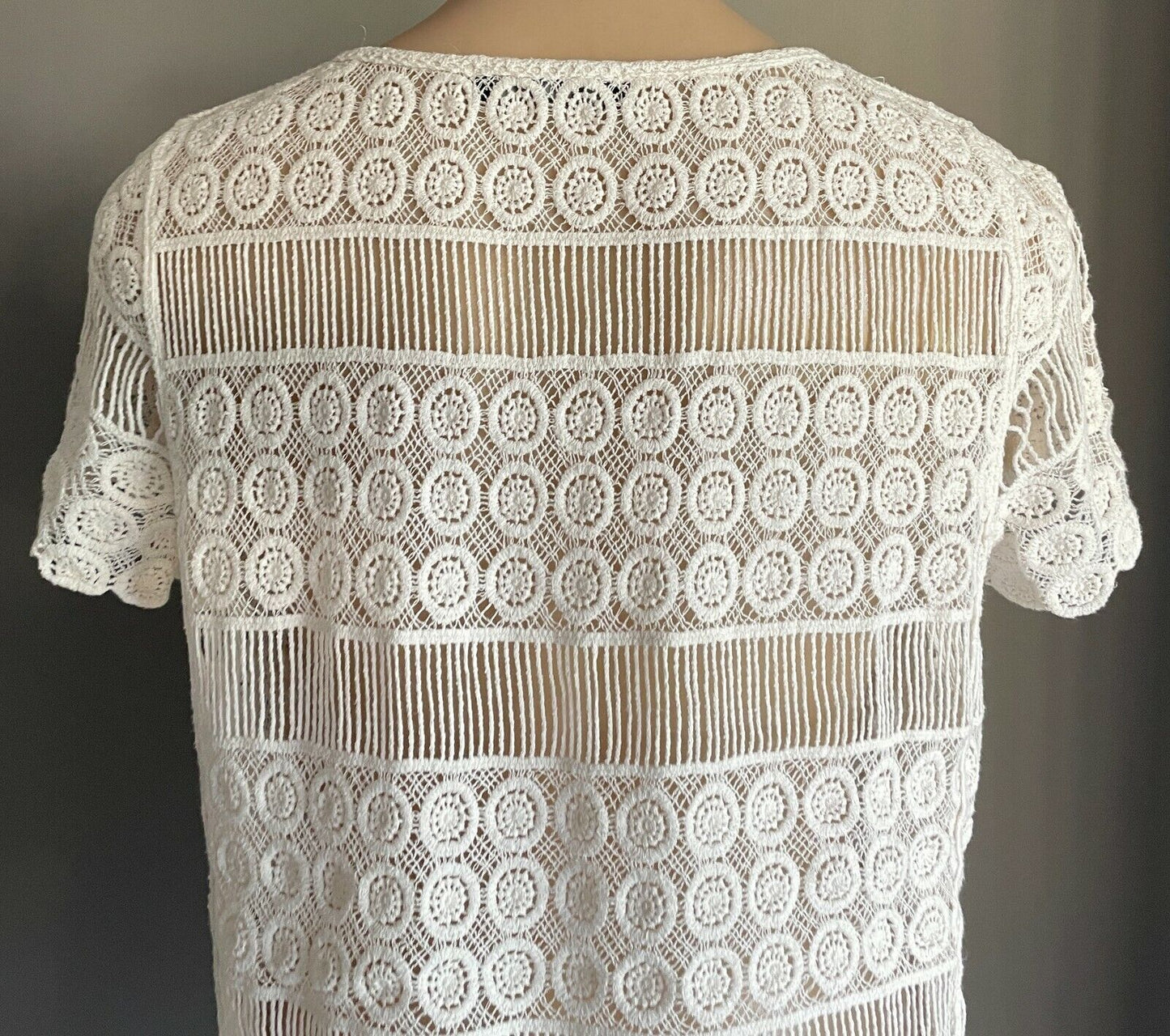 JUST JEANS Lace Top White Short Sleeve Crochet Look Knit Size M 12