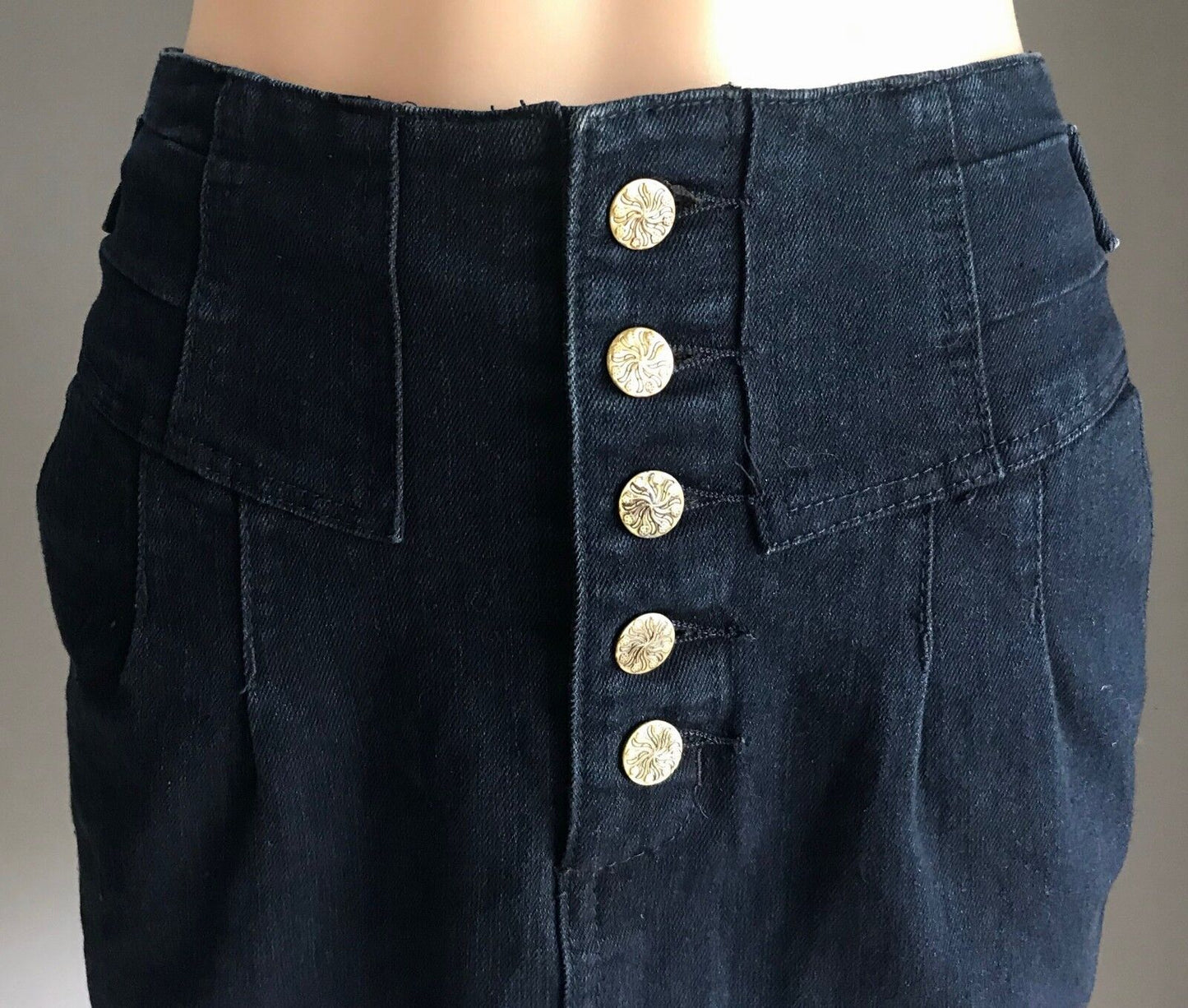 JUST ADD SUGAR Denim Skirt Mini Dark Blue Jeans Yoke Waist Ladies Size 10 Retro