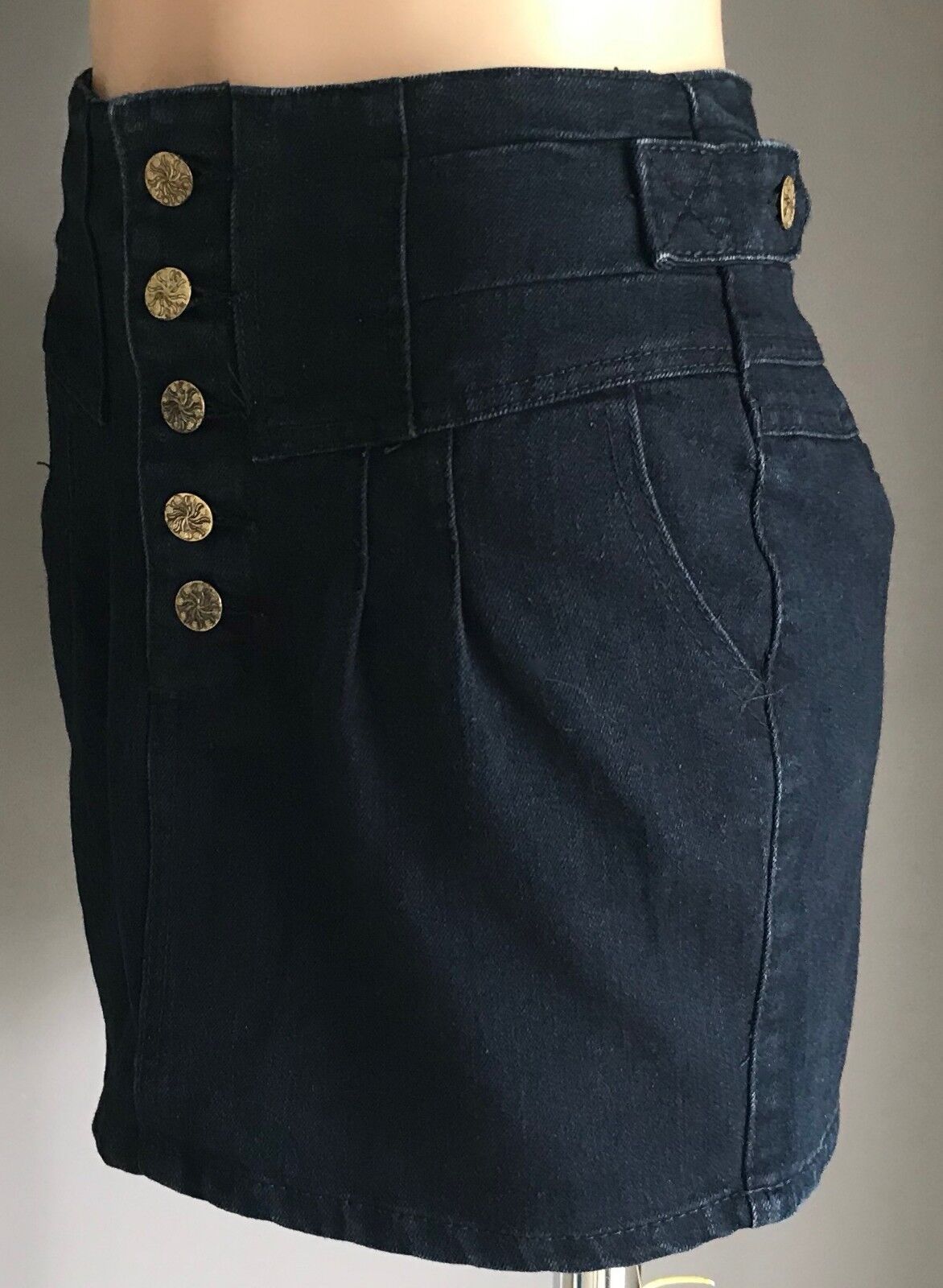 JUST ADD SUGAR Denim Skirt Mini Dark Blue Jeans Yoke Waist Ladies Size 10 Retro