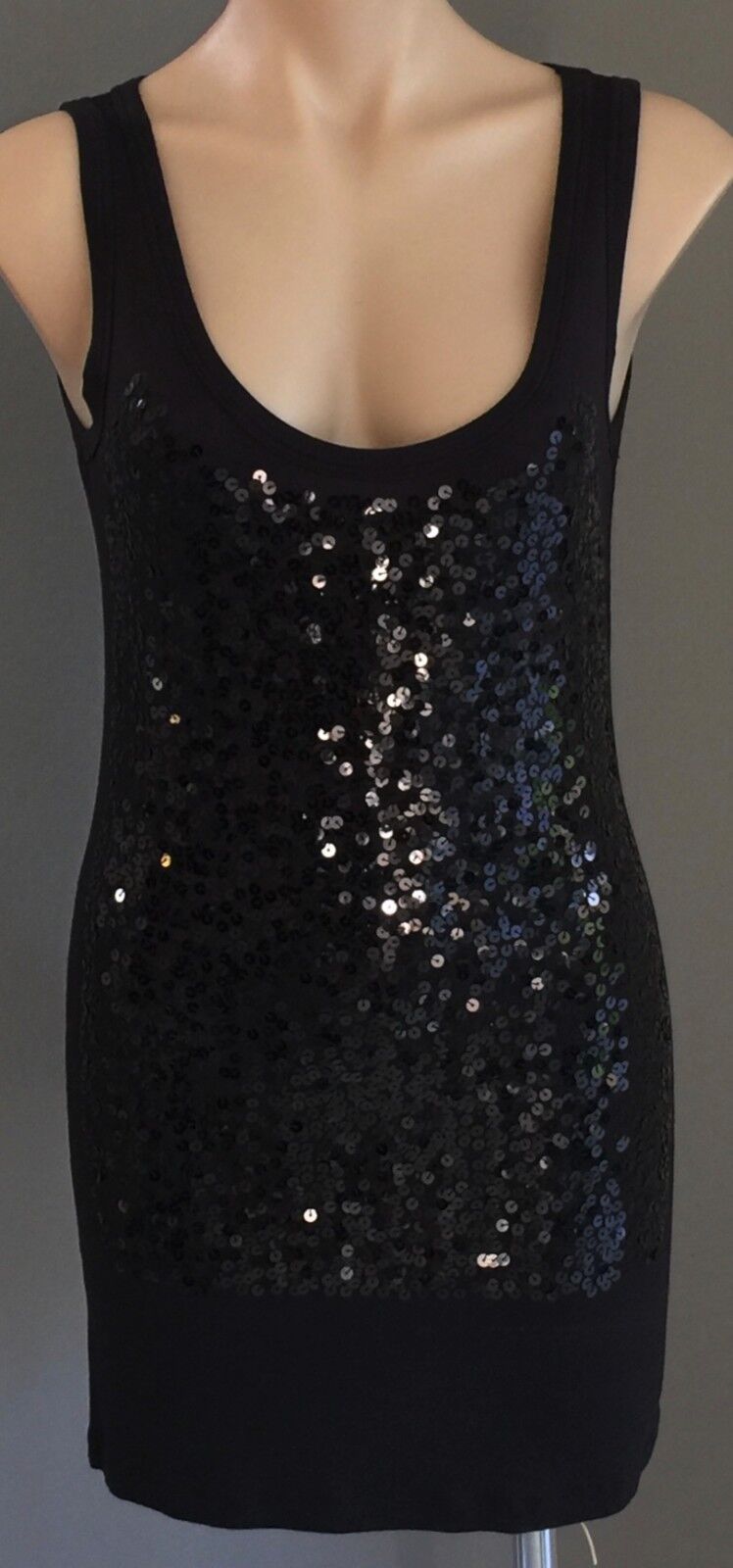 SASS Dress Mini Black Sequin Front Sleeveless Long Tank Top Size 10 LBD NEWSexy