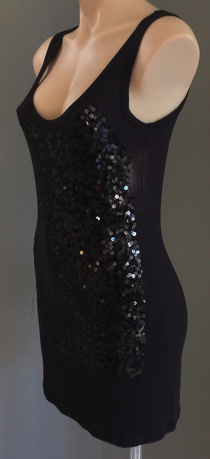 SASS Dress Mini Black Sequin Front Sleeveless Long Tank Top Size 10 LBD NEWSexy