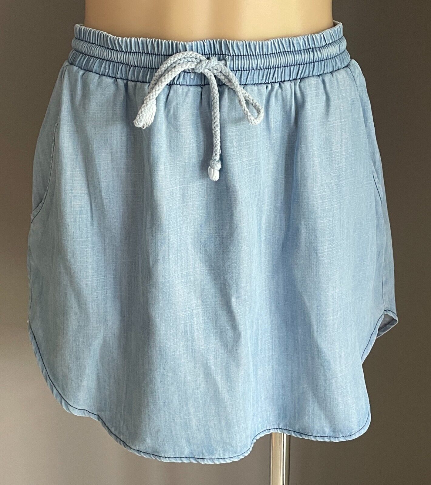 SASS Mini Skirt Blue Tencel Size 14 Elastic Drawstring Waist Round Hem