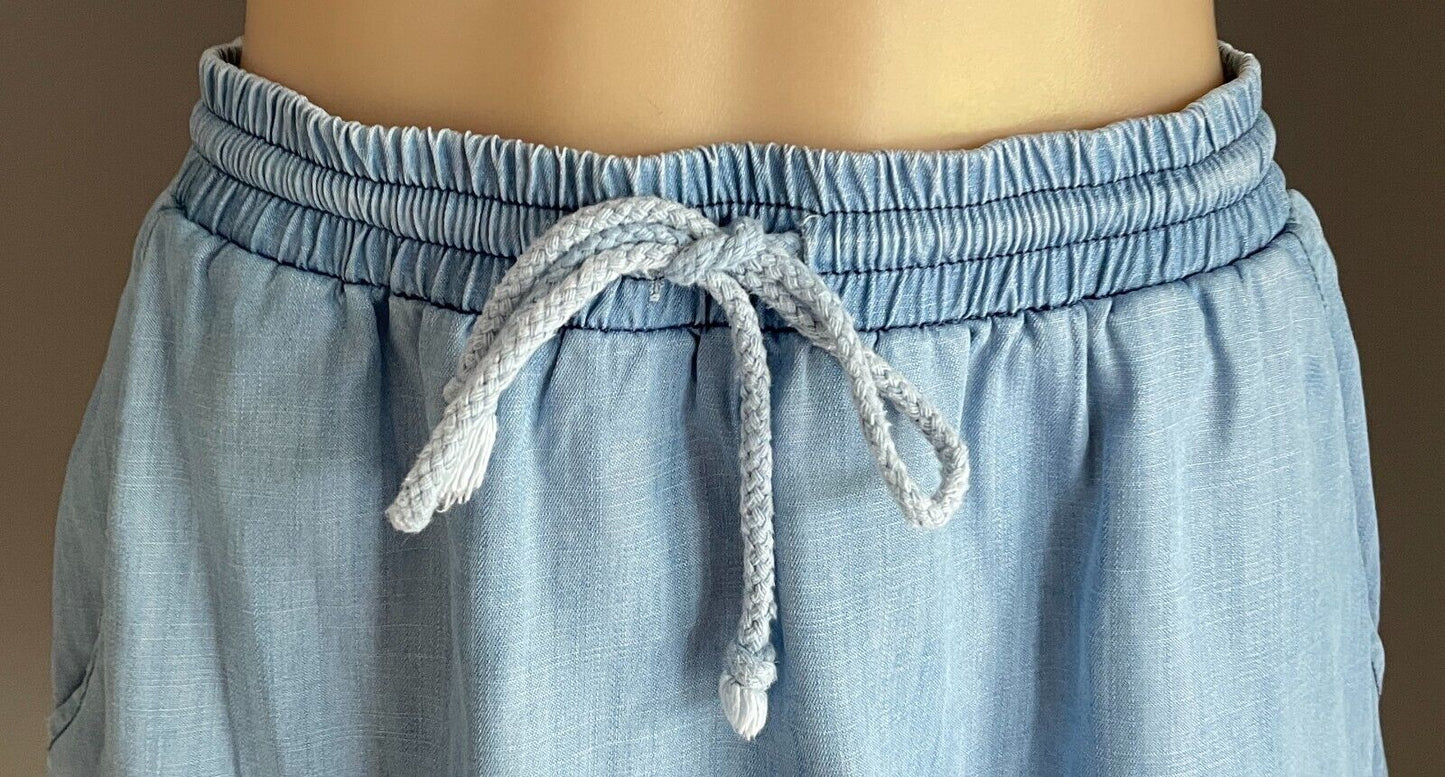 SASS Mini Skirt Blue Tencel Size 14 Elastic Drawstring Waist Round Hem