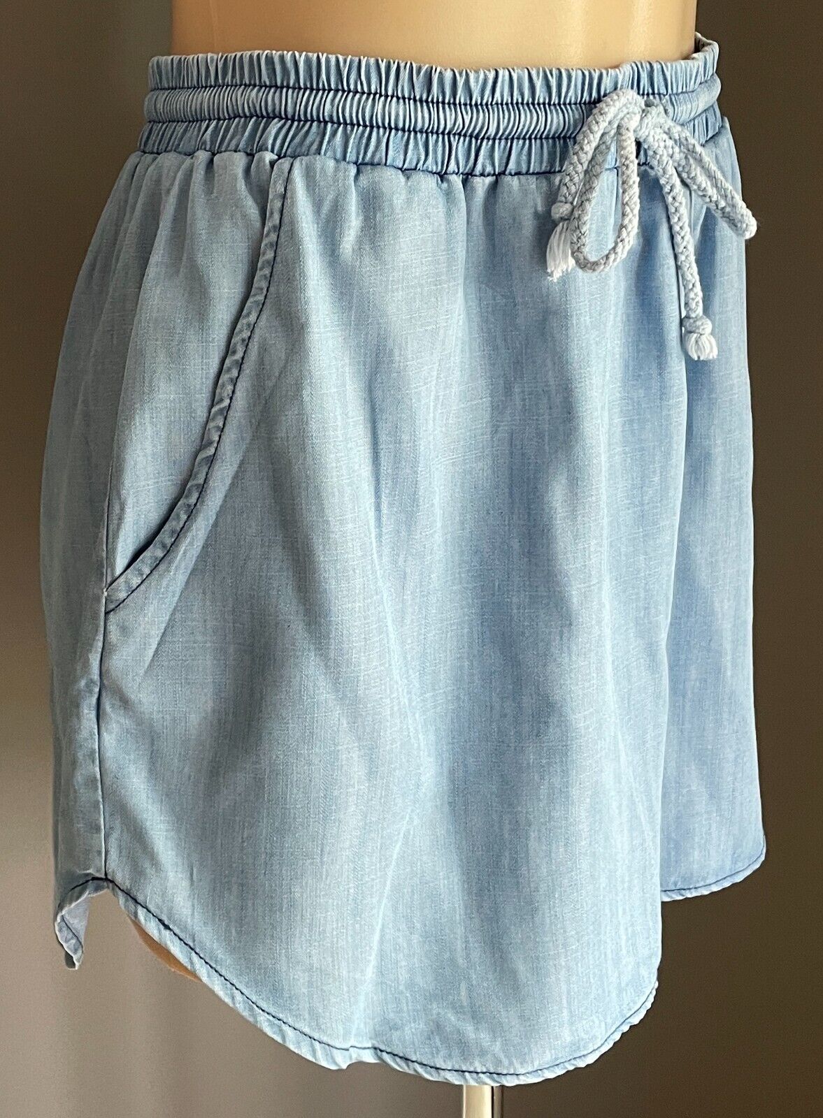 SASS Mini Skirt Blue Tencel Size 14 Elastic Drawstring Waist Round Hem