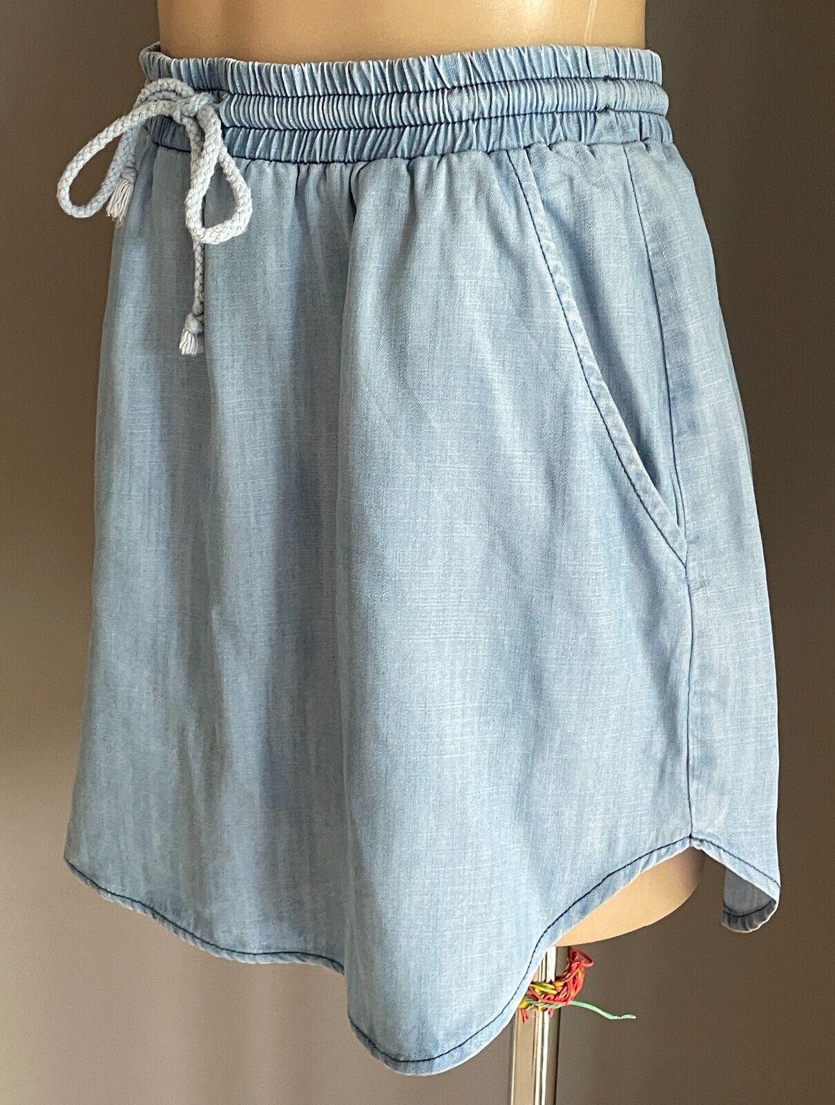 SASS Mini Skirt Blue Tencel Size 14 Elastic Drawstring Waist Round Hem