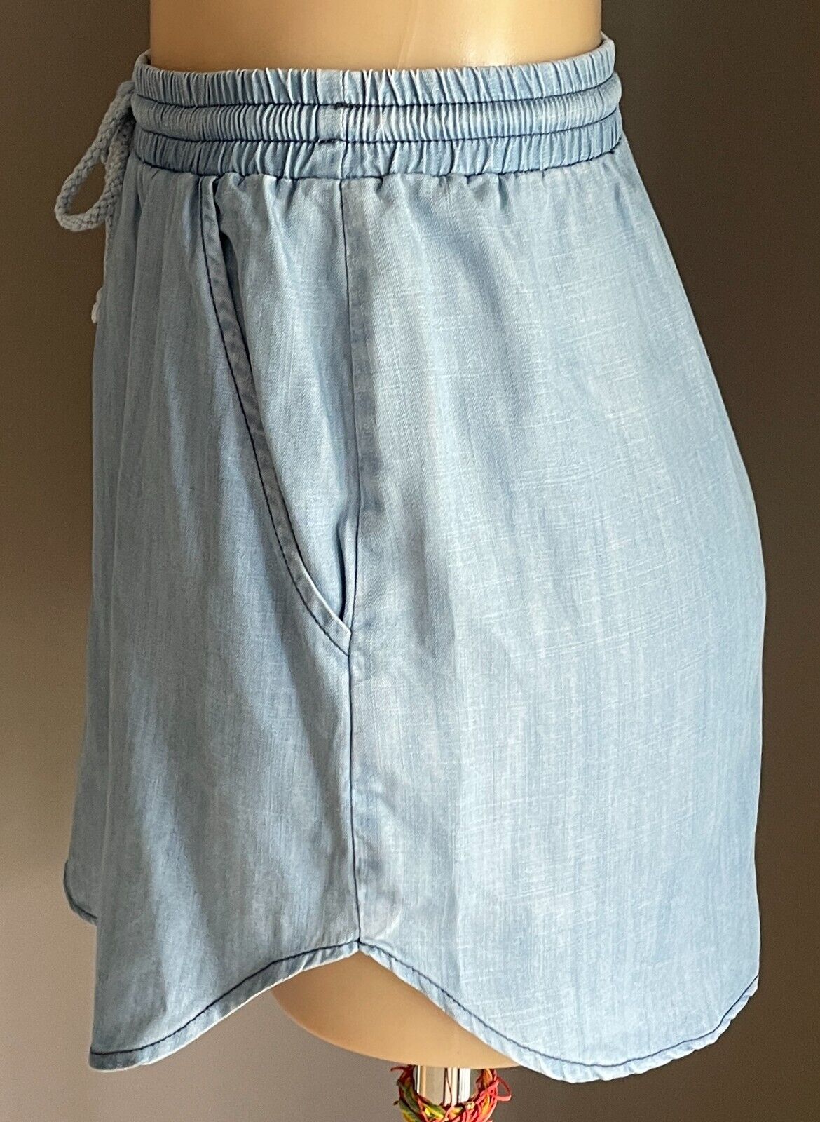 SASS Mini Skirt Blue Tencel Size 14 Elastic Drawstring Waist Round Hem