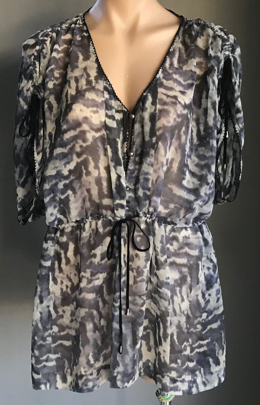 WISH Vanguard Silk Kaftan Top Kimono Grey & Black Print Sleeve Sheer Size L 14