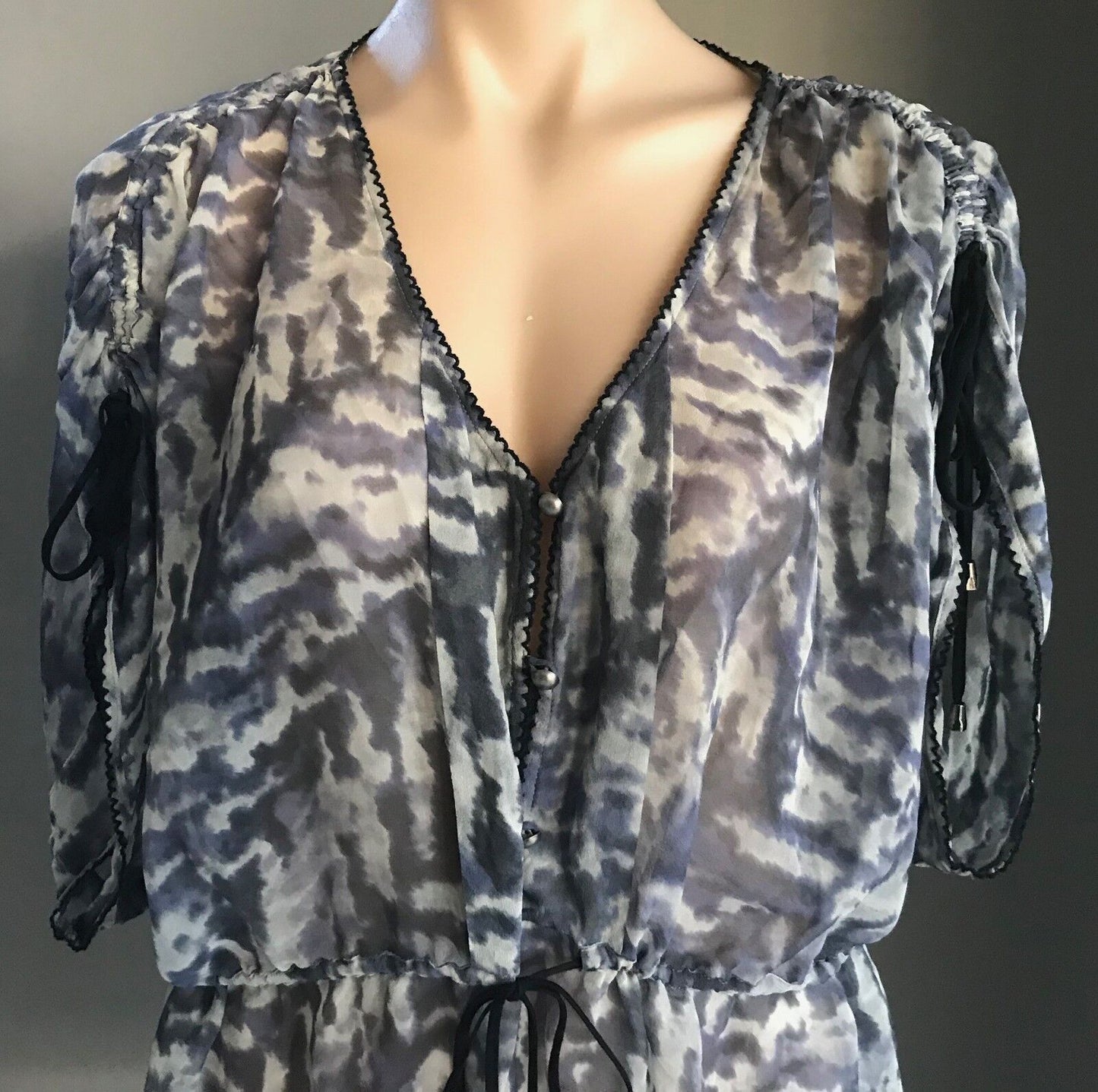 WISH Vanguard Silk Kaftan Top Kimono Grey & Black Print Sleeve Sheer Size L 14
