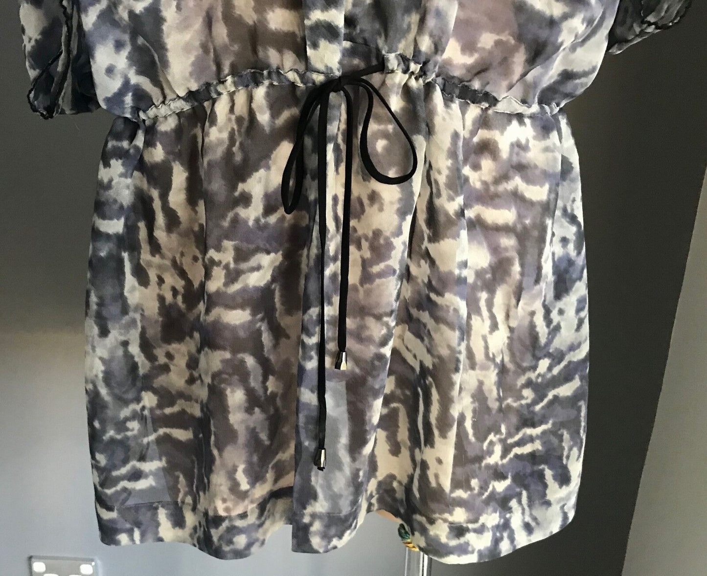 WISH Vanguard Silk Kaftan Top Kimono Grey & Black Print Sleeve Sheer Size L 14