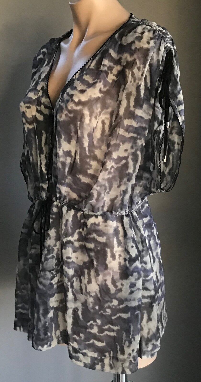WISH Vanguard Silk Kaftan Top Kimono Grey & Black Print Sleeve Sheer Size L 14