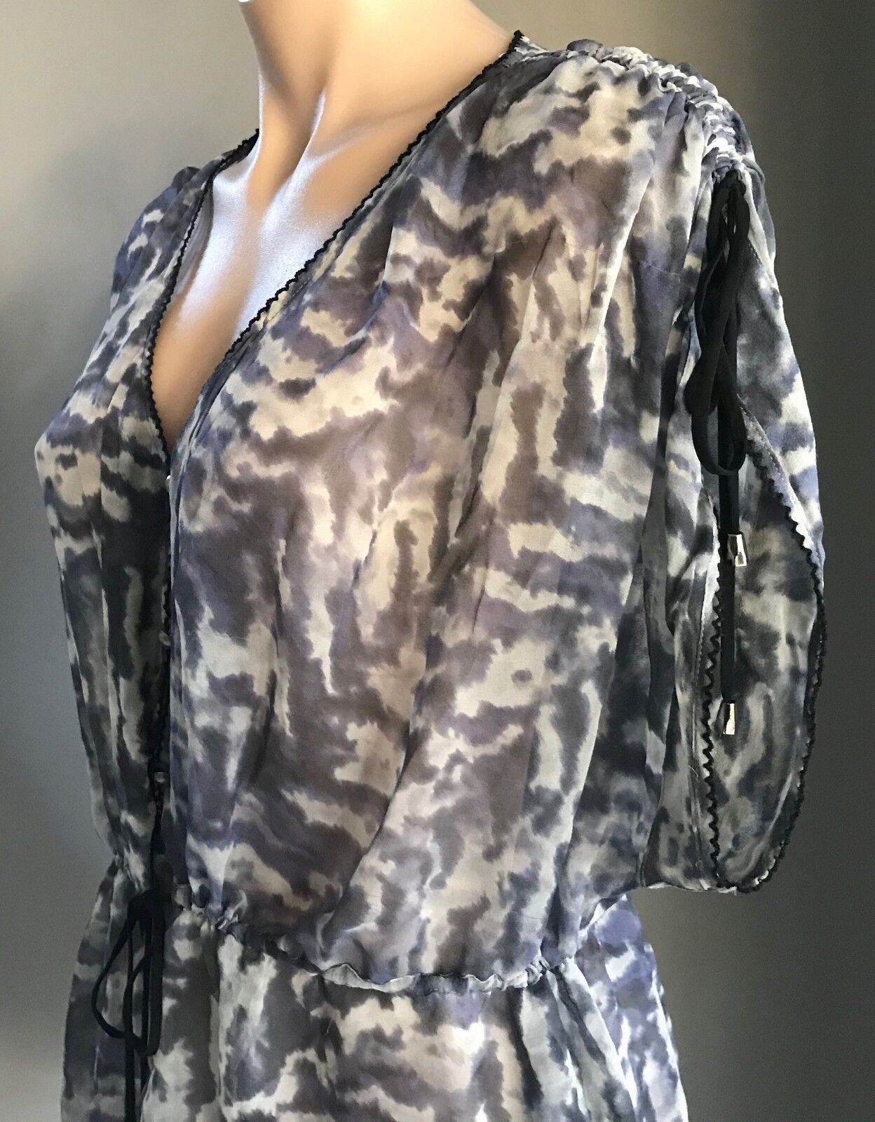 WISH Vanguard Silk Kaftan Top Kimono Grey & Black Print Sleeve Sheer Size L 14