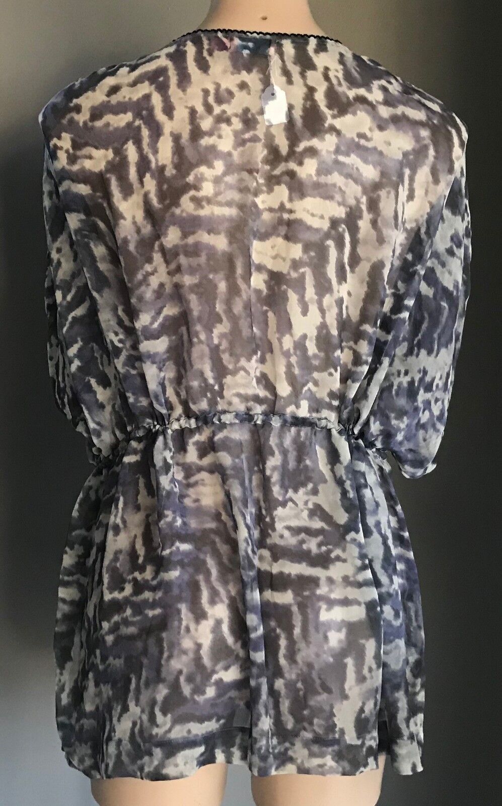 WISH Vanguard Silk Kaftan Top Kimono Grey & Black Print Sleeve Sheer Size L 14