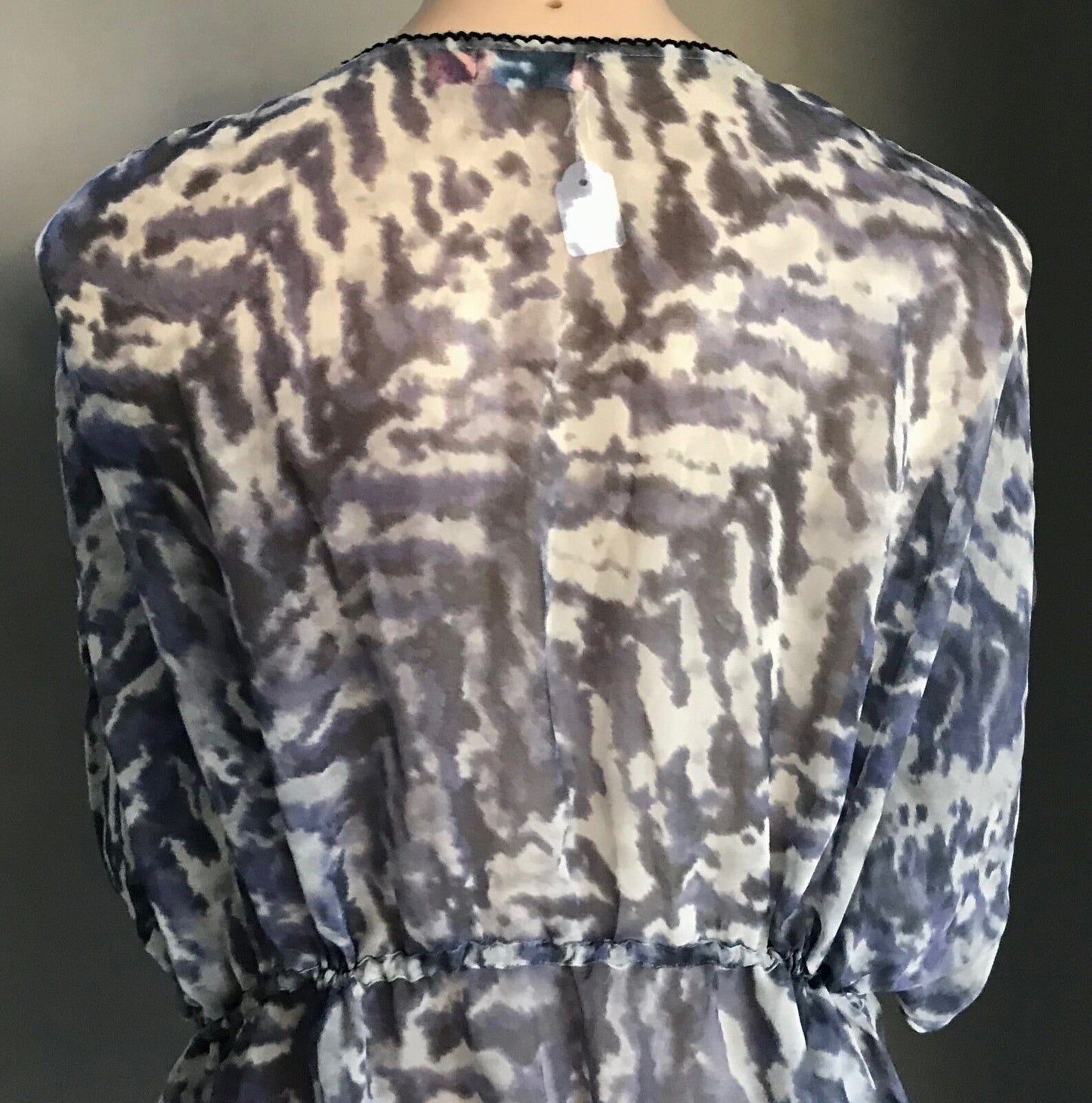 WISH Vanguard Silk Kaftan Top Kimono Grey & Black Print Sleeve Sheer Size L 14