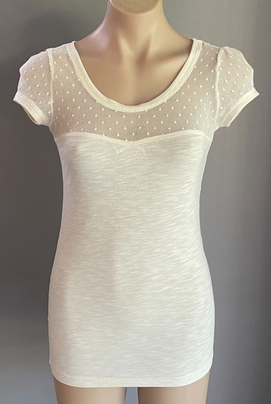 WISH DENIM Top Off White Cap Sleeve Size S Mesh Net Fabric Trim Stretch