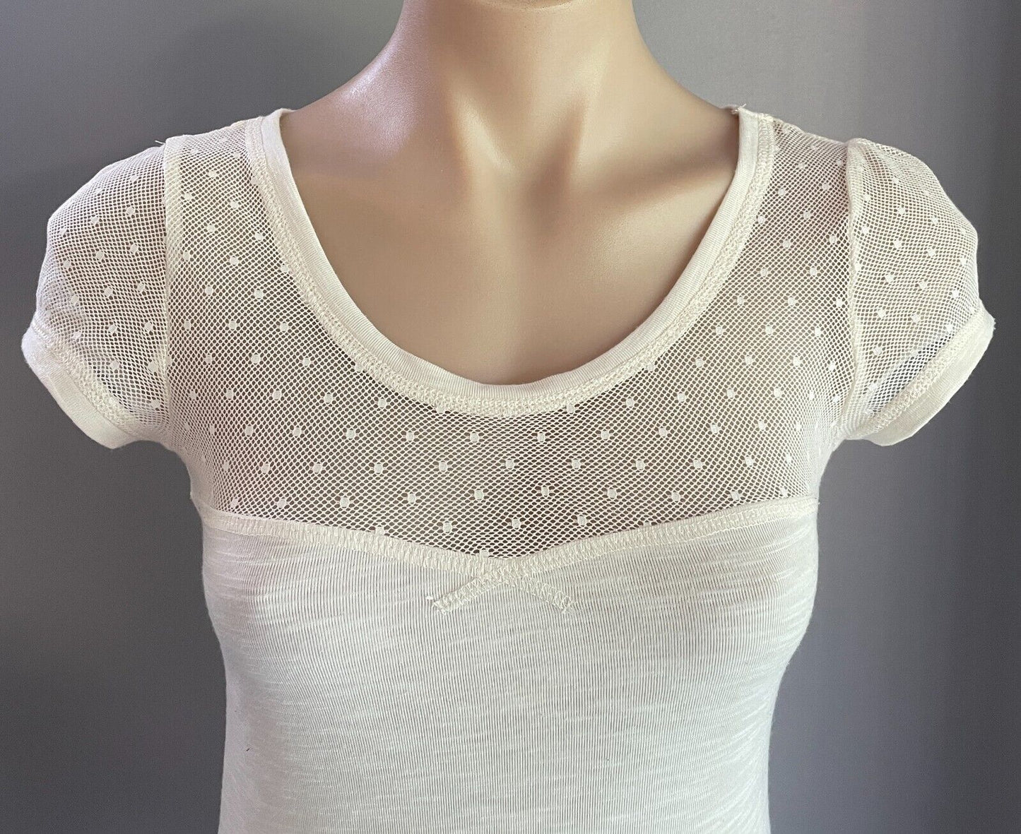 WISH DENIM Top Off White Cap Sleeve Size S Mesh Net Fabric Trim Stretch