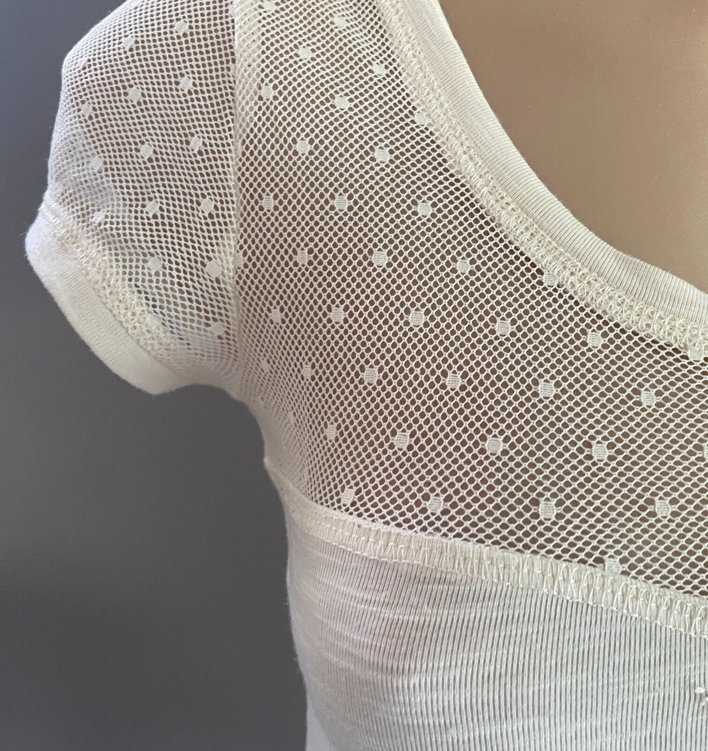 WISH DENIM Top Off White Cap Sleeve Size S Mesh Net Fabric Trim Stretch