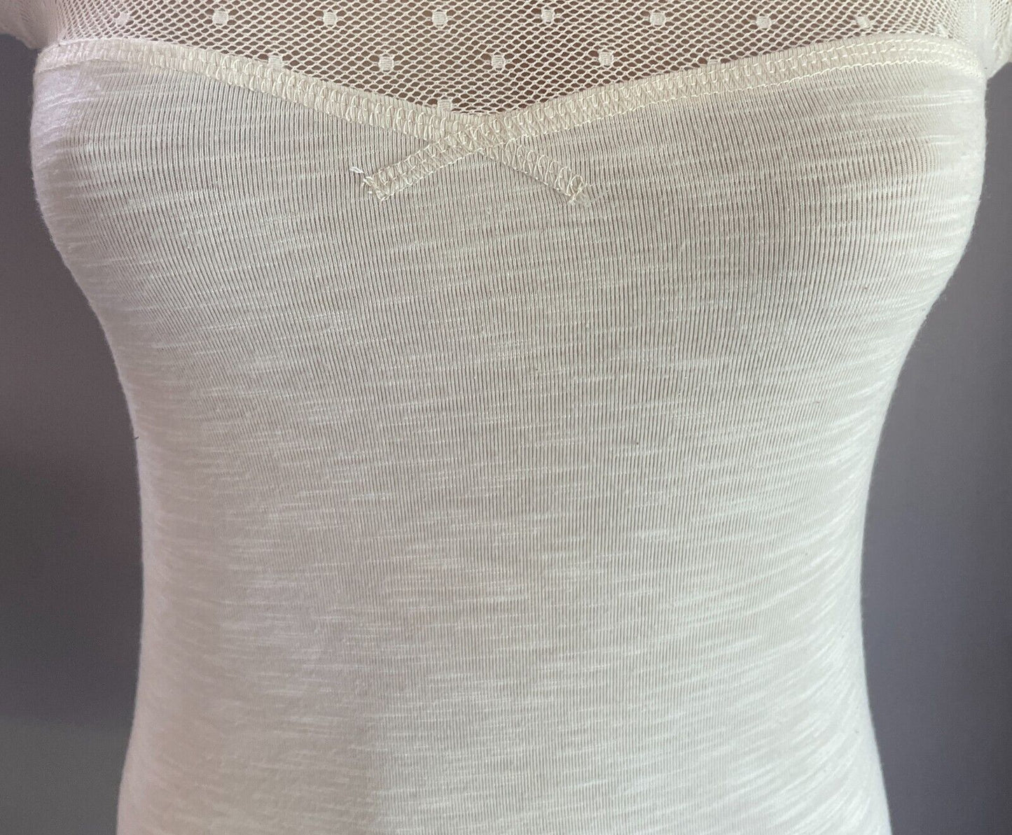 WISH DENIM Top Off White Cap Sleeve Size S Mesh Net Fabric Trim Stretch