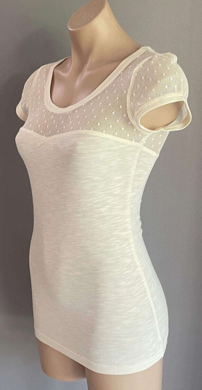WISH DENIM Top Off White Cap Sleeve Size S Mesh Net Fabric Trim Stretch