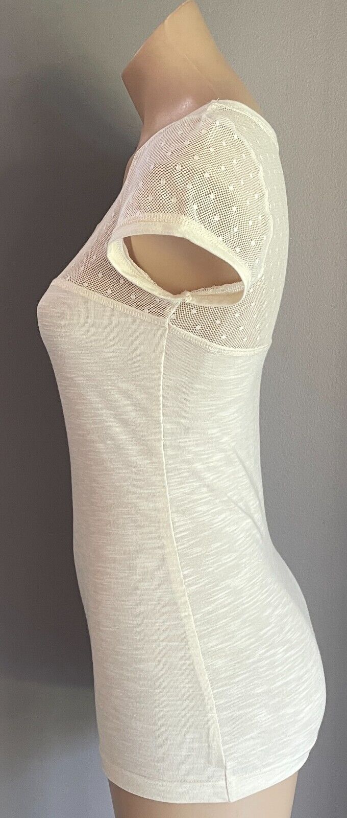 WISH DENIM Top Off White Cap Sleeve Size S Mesh Net Fabric Trim Stretch