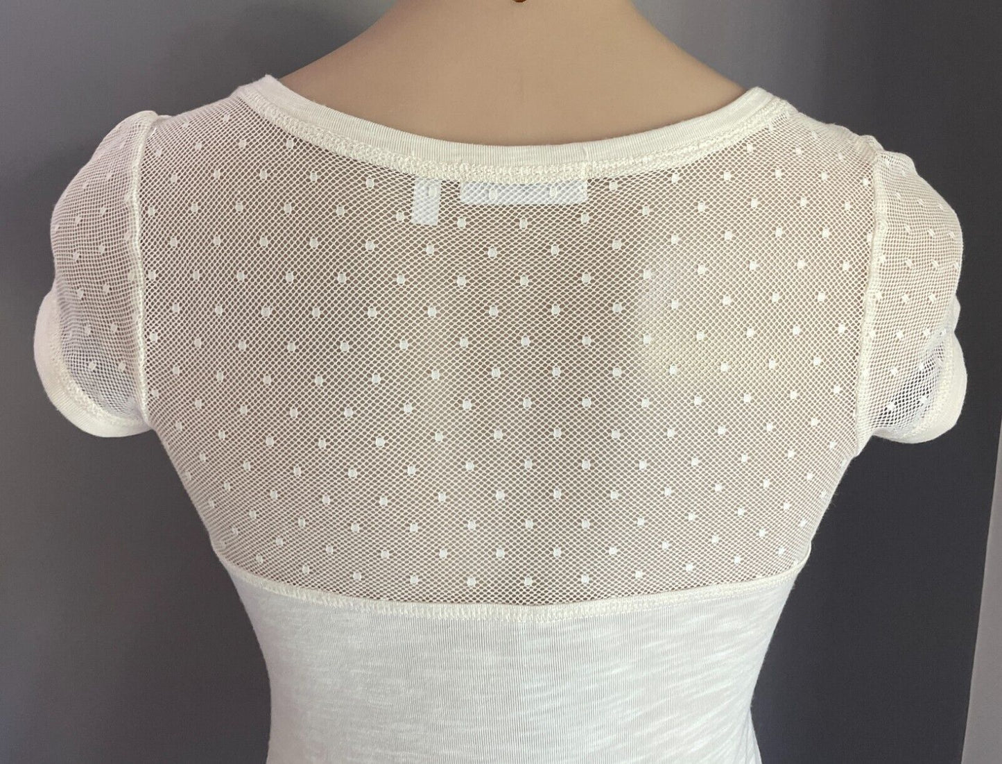 WISH DENIM Top Off White Cap Sleeve Size S Mesh Net Fabric Trim Stretch
